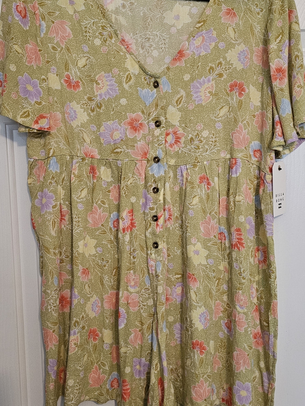 Billabong Olive Green Floral Romper with Pink & Lavender Flowers